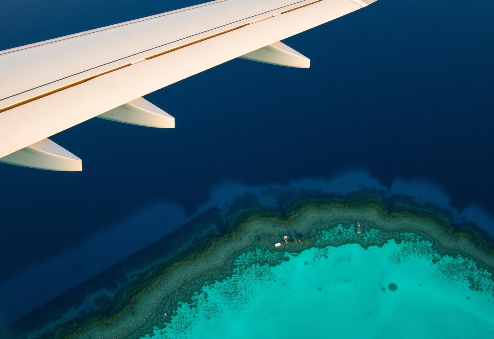 Aerial view of a turquoise coastline from an aircraft window